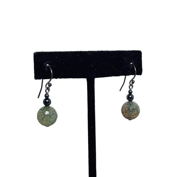Vintage Silver Tone And Ball Shaped Nephrite Dangle Pierced Earrings (5402) - Picture 1 of 4